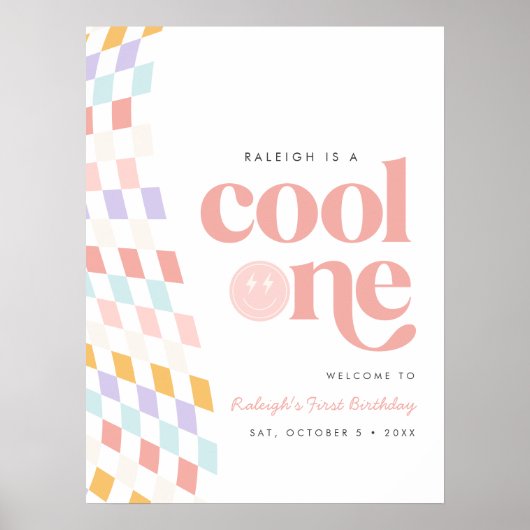 Poster Cool One Girl's First Birthday À damiers Retro (Devant)