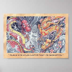Poster Cool oriental japanese dragon god tattoo storm