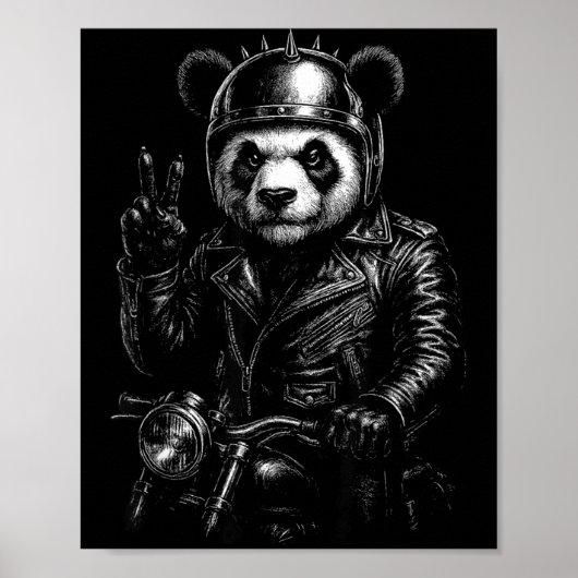 Poster Cool Panda Punk Peace Sign Motorcycle  (Devant)