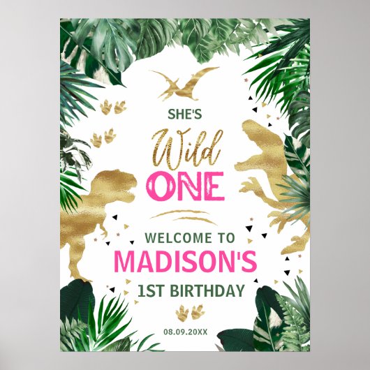 Poster Cool Pink Girl Dinosaurs Birthday Party Welcome (Devant)