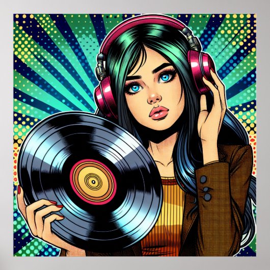 Poster Cool Pop Art Comic Style Girl avec Album de Vinyl (Devant)