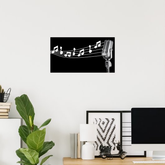Poster Cool Retro Mic & notes musicales Black Custom (Bureau à domicile)