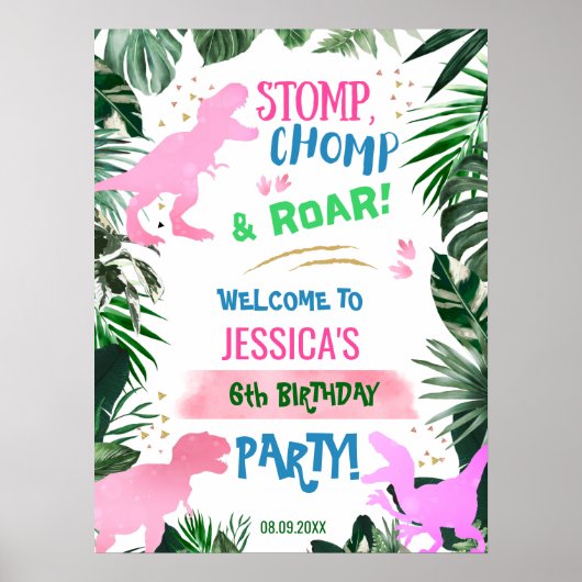 Poster Cool rose fille Dinosaur anniversaire bienvenue T- (Devant)