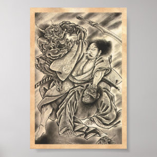 Poster Cool vintage japanese samurai demon fight tattoo