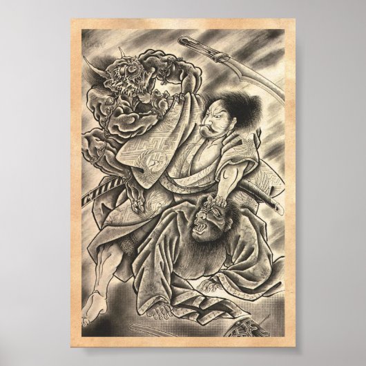 Poster Cool vintage japanese samurai demon fight tattoo (Devant)