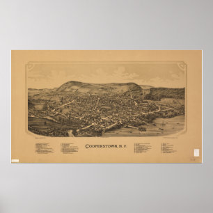 Poster Cooperstown New York 1890 Antique carte panoramiqu