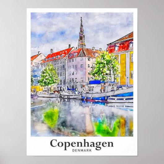Poster Copenhague Danemark Aquarelle Voyage Main tirée (Devant)