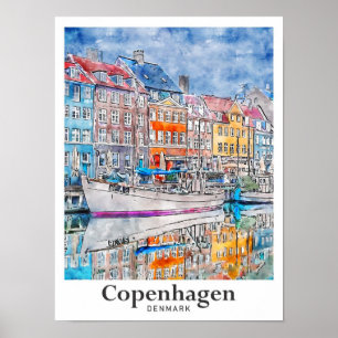 Poster Copenhague Danemark Aquarelle Voyage Main tirée