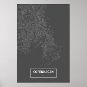 Poster Copenhague, Danemark (blanc sur le noir)