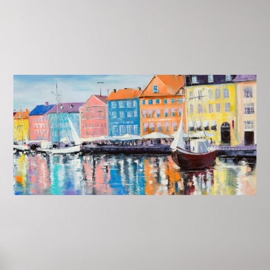 Poster Copenhague dans un jour brillant, bâtiments coloré (Devant)