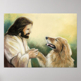 Poster Copie d'art de Jésus et de chien de golden