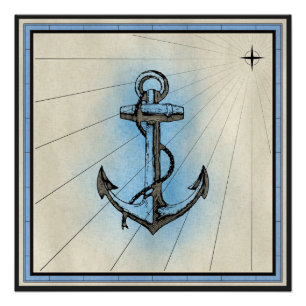 Poster Copie marine d'Ancre noire avec le cadre bleu