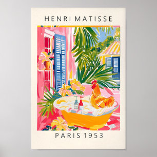 Poster Coq Dans Baignoire Art Print, Décor De Ferme Rose,