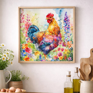 Poster Coq de ferme floral aquarelle coloré