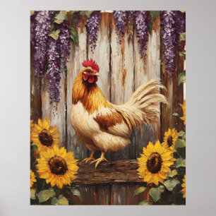 Poster Coq de ferme rustique avec tournesols et wisteria