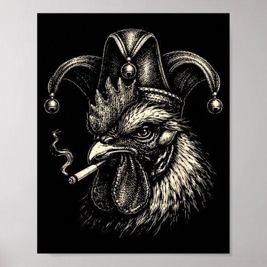 Poster Coq drôle fumant une cigarette mème coq jester (Devant)