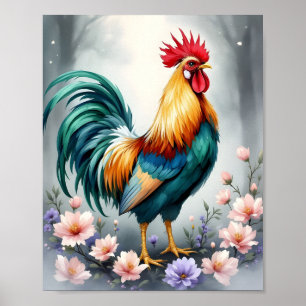 Poster Coq et fleurs Digital