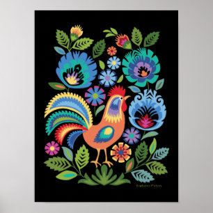 Poster Coq et fleurs Wycinanki, style folklorique polonai