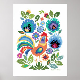 Poster Coq et fleurs Wycinanki sur fond blanc, folklore p