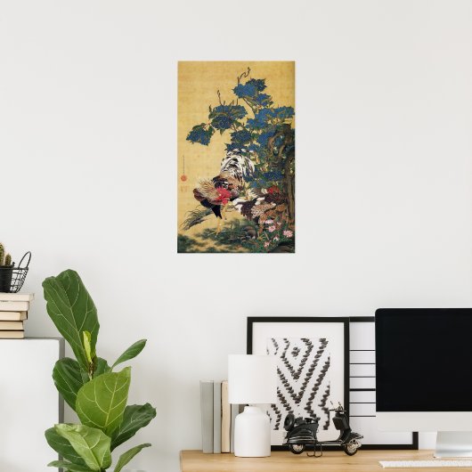 Poster Coq et Hen avec Hydrangeas (Bureau à domicile)