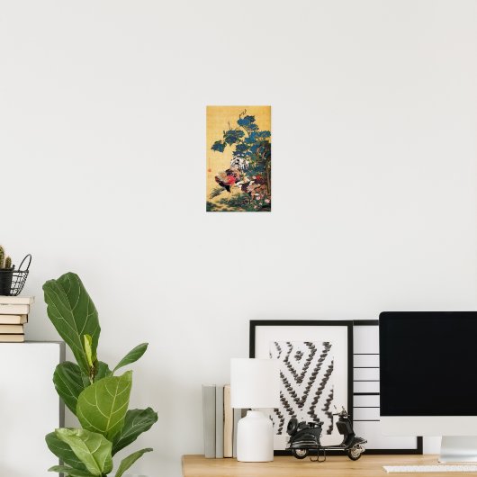 Poster Coq et Hen avec Hydrangeas par Ito Jakuchu (Bureau à domicile)