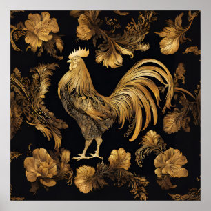 Poster Coq Gold Farmhouse sur noir.