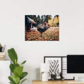 Poster Coq noir et blanc avec deux poules dans la nature (Bureau à domicile)
