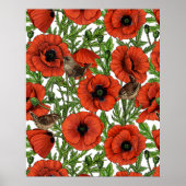 Poster Coquelicots et roitelets rouges, feuilles vertes s (Devant)