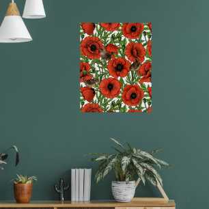 Poster Coquelicots et roitelets rouges, feuilles vertes s