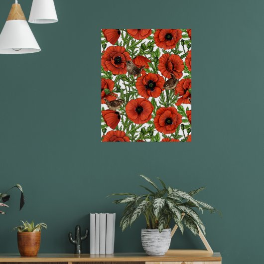 Poster Coquelicots et roitelets rouges, feuilles vertes s (Salon 1)