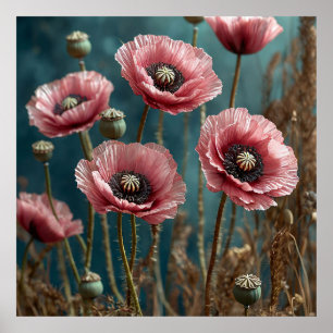 Poster Coquelicots roses vifs en fleurs