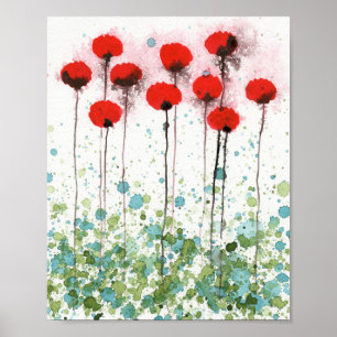 Poster Coquelicots rouges et aqua, Mur de fleurs à l'aqua