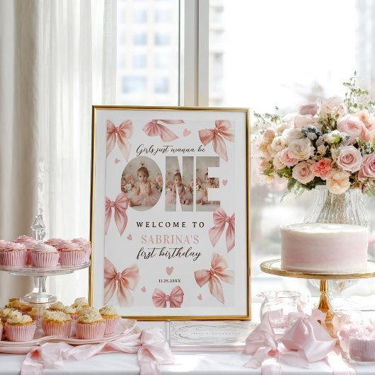 Poster Coquette Bow Rose Girls First Birthday Welcome