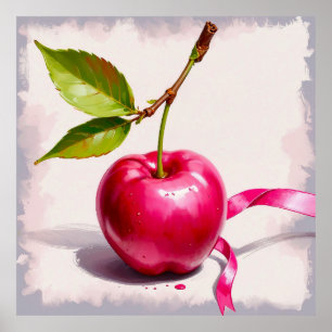 Poster Coquette Cerise rose avec Feuilles et ruban