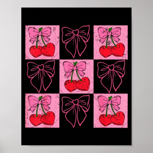Poster Coquette Checkred Pink Bow And Red Cherries Valent (Devant)