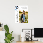 Poster Coquette de graduation moderne Blue Bow Bienvenue (Bureau à domicile)