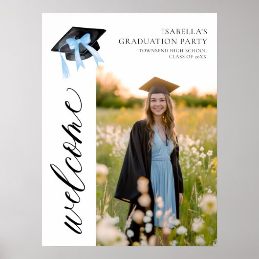 Poster Coquette de graduation moderne Blue Bow Bienvenue (Devant)