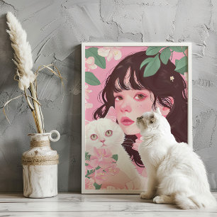 Poster Coquette Girl with White Cat Pink Preppy Art Impri