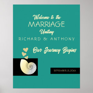 Poster Coquillage et Coeurs, Mariage de plage Bienvenue