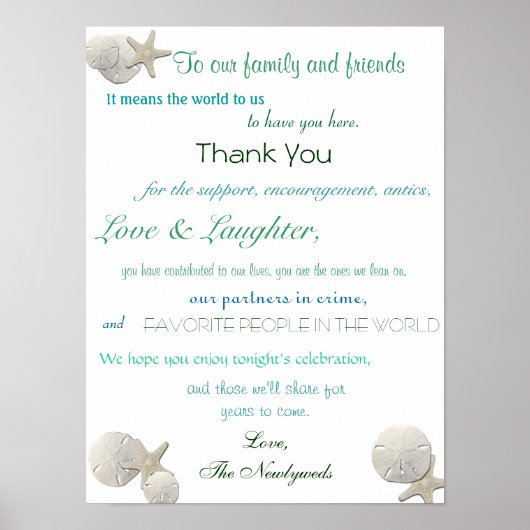 Poster Coquillages, Réception De Mariage Nautique, Merci (Devant)