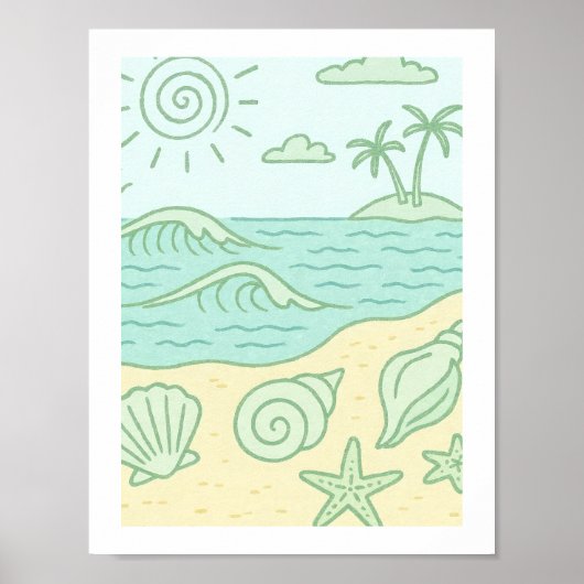 Poster Coquillages Rétro de Plage Côtière Tropicale Océan (Devant)