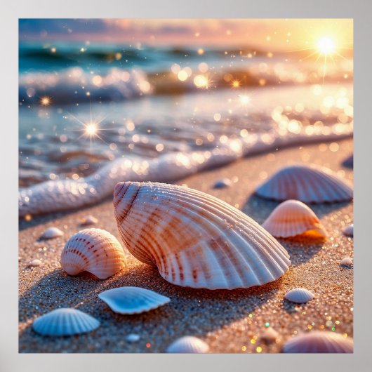 Poster Coquillages sur le sable avec des vagues d'océan s (Devant)