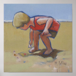 Poster Coquille de garçon de plage de sable à la recherch