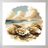 Poster Coquilles d'huîtres sur une plage de sable (Devant)