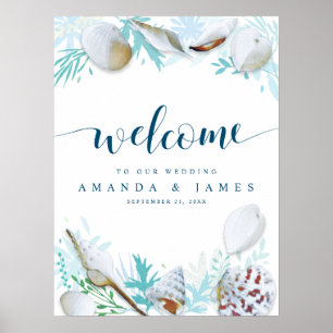 Poster Coquilles et calligraphie Blue Beach Mariage Bienv