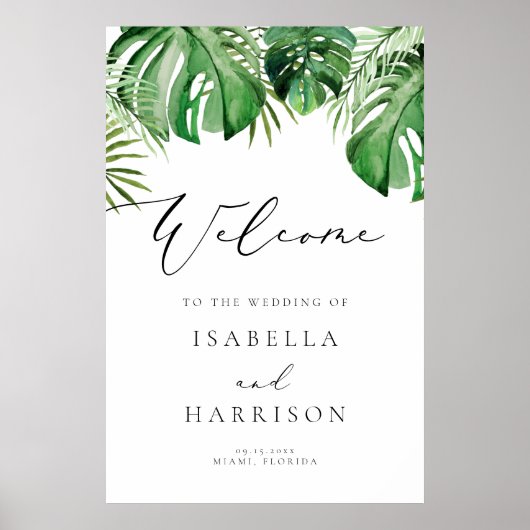 Poster CORA Tropical Beach Palm Leaf Mariage Bienvenue (Devant)