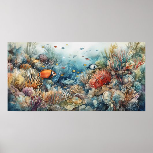 Poster Corail et poissons aquarelle (Devant)