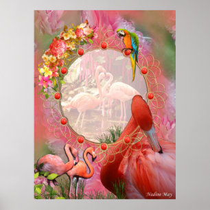 Poster Corail, Herbe, Fleurs et Flamants roses roses pivo