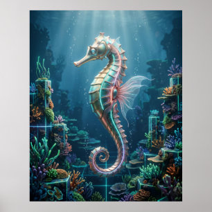 Poster Corail néon hippocampes en grille