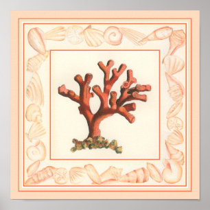 Poster Corail rouge avec la frontière de Shell de conque